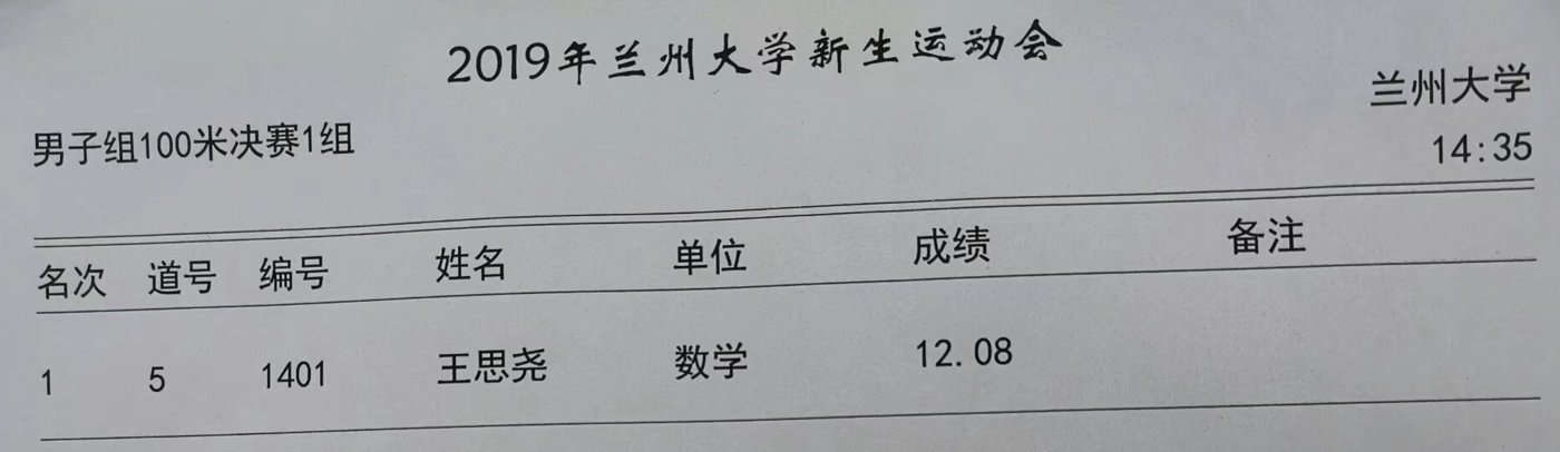 2019 年兰州大学新生运动会男子 100 米决赛成绩单第一名：王思尧，12.08